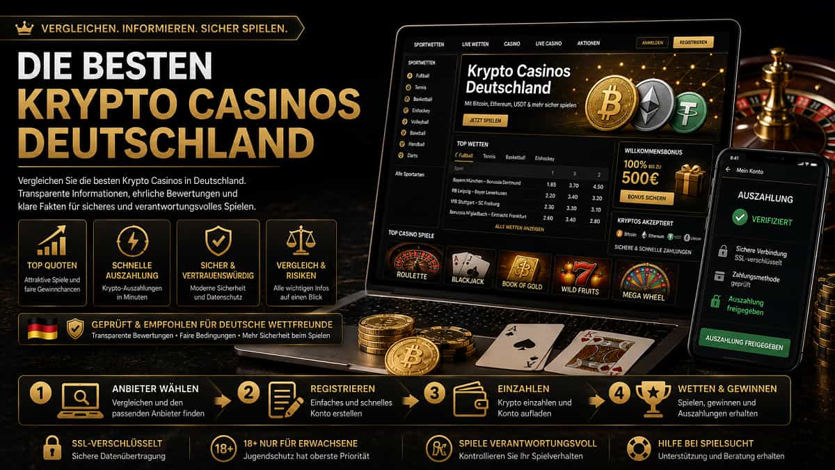 Alt-Text: Hero-Banner für Krypto Casinos Deutschland mit Laptop, Smartphone, Bitcoin-Münzen und Roulette in Schwarz-Gold.